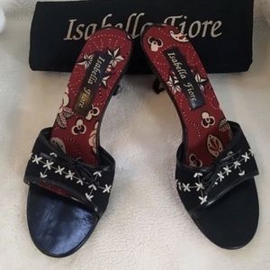 Isabella Fiore Black Sandal Mules with Red Floral Insole